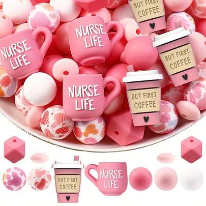 33pcs Cute 3D Pink Heart Coffee Cup Silicone Beads - Fashionable Design, Suitable For Jewelry Making, Perfect For DIY Bracelets, Lanyards, Beaded Pens, Holiday Decorations And Other Crafts - Ideal Christmas & Valentine's Day Gift - Beading Set, Beading Supplies