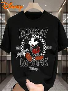 Disney 1pc Men's Mickey Mouse Cartoon Graphic Print Short Sleeve T-Shirt, Round Neck, Stretchy, Suitable For Everyday Wear, Easy Care, Fashionable Casual Men's T-Shirt, Breathable And Light, For Sports And Leisure Wear, Suitable For Gifts, For Parties. - 黑色 - 查看 2