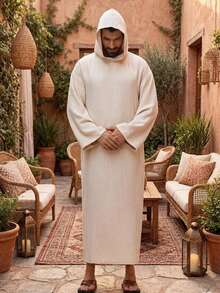 Men's Muslim Hooded Robe, Home Robe, Casual Vacation Robe, Courtyard Style Robe, With Pockets On Both Sides And A Forked Hem, Moderate Length - Champagne - View 1