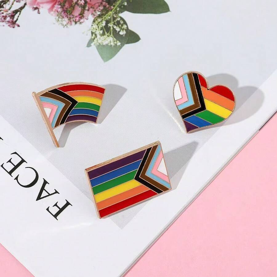 Set de 3/6 piezas Broche de bandera con corazón arcoíris, Pasadores de bandera de combinación de 11 colores creativos, Insignia de metal - Multicolor - Ver 1