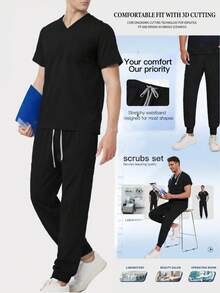 Blue Short Sleeve Medical Uniform Set, Doctor/Nurse Outfit, Surgical Scrubs For Men - Black - View 1