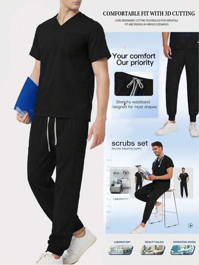 Bộ đồng phục y tế tay ngắn màu xanh lam, trang phục bác sĩ/y tá, quần áo phẫu thuật cho nam