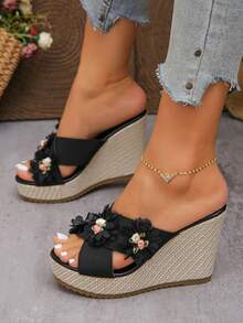 Fashionable Floral Wedge Platform Sandals, Summer Goddess Style Floral Waterproof High Heel Slip-On Slippers - Black - View 4