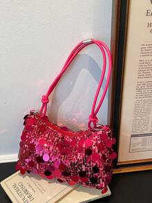 1 pieza Bolso de hombro con forma de media luna de PVC con lentejuelas color rosa rojo para mujer - Rosa Fucsia - Ver 3