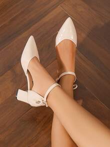 Women's Pointed Toe Suede Hollow Out Bowknot Chunky Heel Pumps, Versatile For Daily, Work, Business, Commute, Black, Plus Size - Patent Leather Apricot - View 4