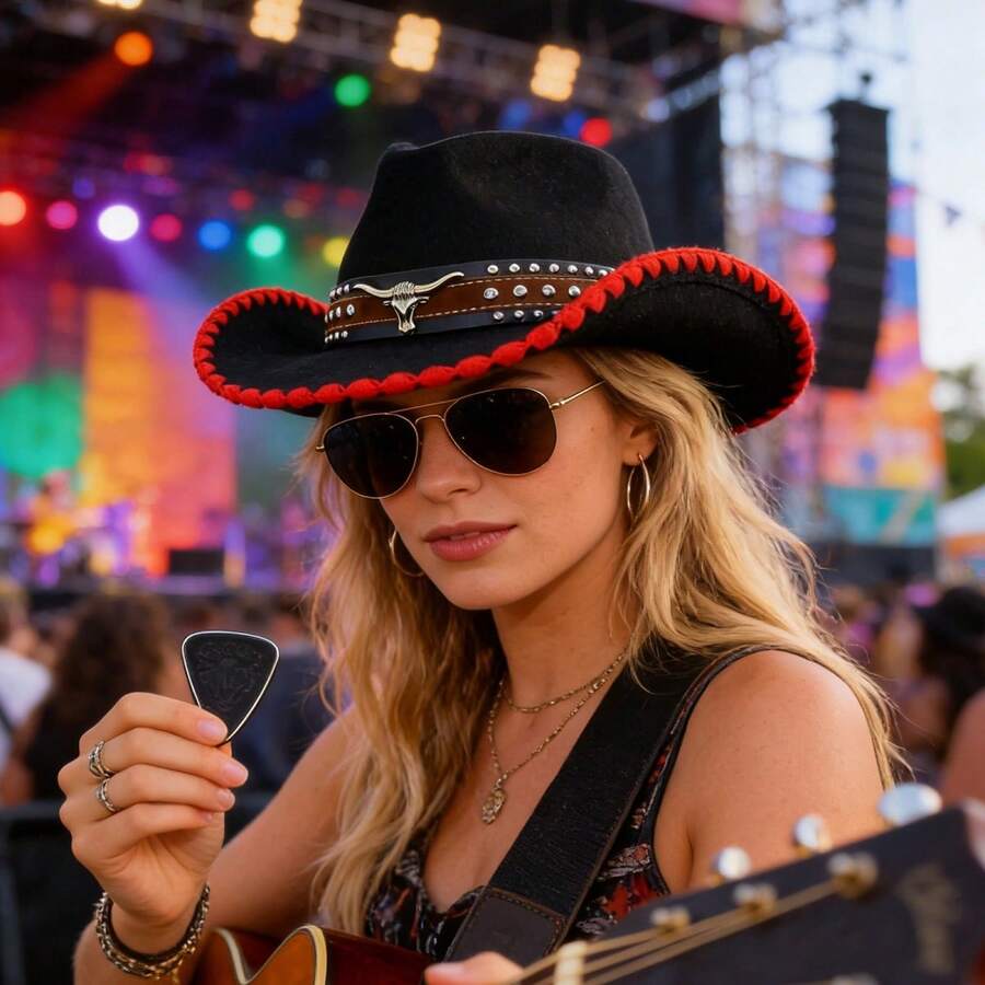 Western Style Cowgirl Cap Stylish Pentagram Leather Belt Decorated Wide Brimmed Fedora Hat For Men Women Outdoor Wear - Đen-2 - Xem 1