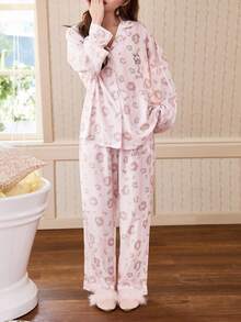 Gongdie Disney 迪士尼玛丽猫印花纯棉睡衣套装（2件套），长袖，春秋季 - 粉色 - 查看 9