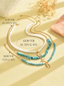 3件套软陶绿松石项链，配金属贝壳、海螺、海星吊坠，适合日常佩戴和海滩度假 - 彩色 - 查看 4