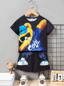 2pcs/Set Boys' Casual Fashionable Camo T-Shirt And Shorts Set, Spring New Arrival - Black - View 1