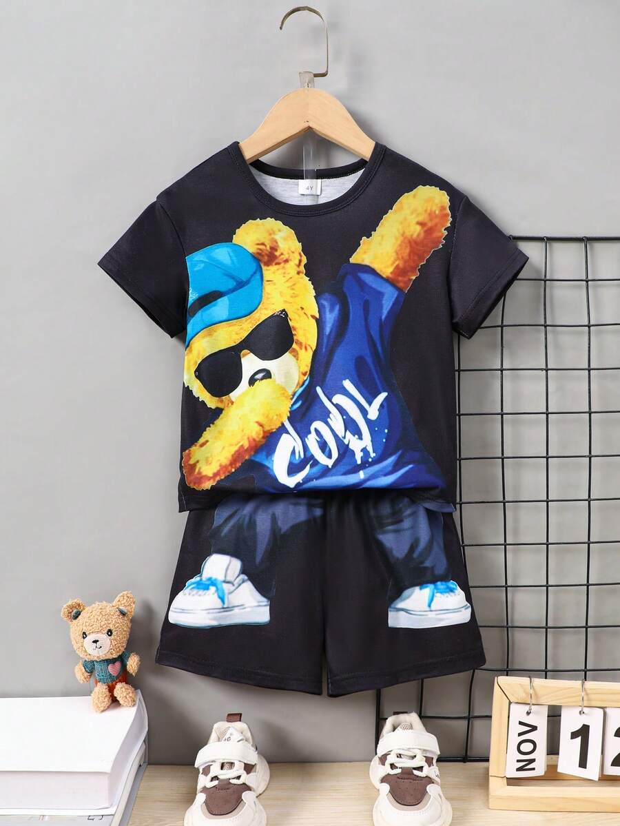 2pcs/Set Boys' Casual Fashionable Camo T-Shirt And Shorts Set, Spring New Arrival - Black - View 1