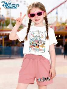 Disney Set, Park Kingdom Castle Cartoon Printed T-Shirt And Shorts Combination, Short Sleeved Round Neck T-Shirt, Soft Fabric, Perfect Gift For Girls, Ideal Choice For Outdoor Activities, Disneyland Cartoon Style - 白+粉 - 查看 1