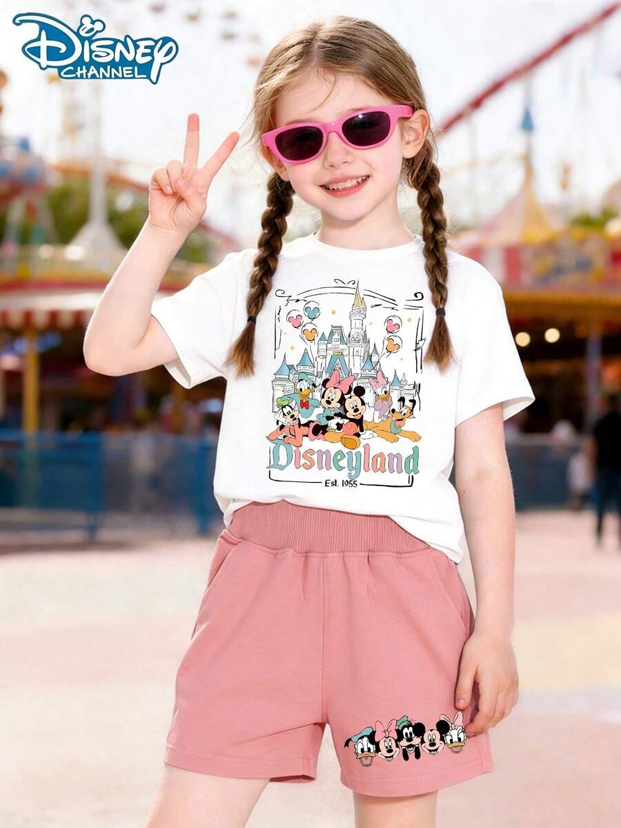 Disney Set, Park Kingdom Castle Cartoon Printed T-Shirt And Shorts Combination, Short Sleeved Round Neck T-Shirt, Soft Fabric, Perfect Gift For Girls, Ideal Choice For Outdoor Activities, Disneyland Cartoon Style - 白+粉 - 查看 1