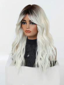 Peluca de onda corporal de 22 pulgadas con color ombre de rubio oscuro a blanco para mujeres, peluca sintética resistente al calor hecha a máquina para uso diario y citas - Multicolor - Ver 2