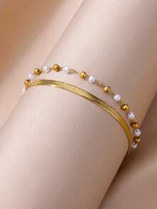 1pc 18K Gold Stainless Steel Double-Layer Faux Pearl Snake Chain Anklet, Suitable For Summer Beach, Vacation, Daily Wear And Parties - Double layer Anklet - View 6