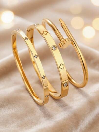 时尚不锈钢四叶草手链，适合女士参加派对、日常佩戴，欧美风格，个性大方，镶嵌奢华立方氧化锆，可作婚礼首饰套装，送给女孩、女士、亲戚、朋友的礼物，也是婚礼、生日、情人节、母亲节的理想之选。