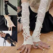 1pcs Women Strapping Lace Fingerless Hot Sexy Arm Sleeves DIY Sunscreen Gloves Elastic Mesh Punk Gloves Clothing - Black-B - 查看 3