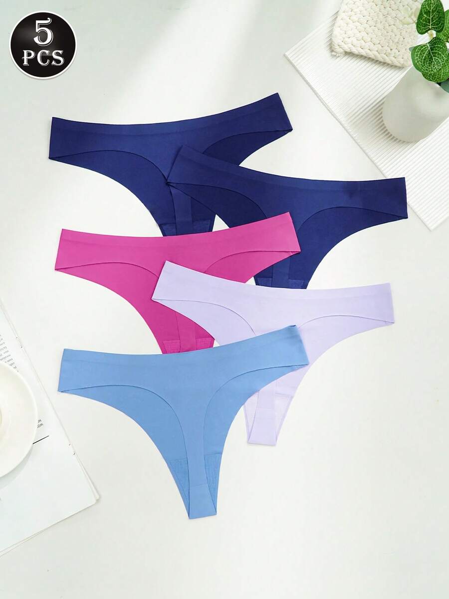 5pcs/Set Silky Sexy T-Back Seamless Elastic Thong Panties For Women, Low Waist - Multicolor - View 1