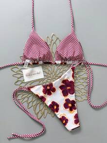 2pcs Retro Floral Colorblock Plaid Print Bikini Swimwear, Suitable For Beach, Pool, Cruise, Party In Spring & Summer Vacation - White Purple - View 3