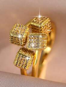 jealous young 1pc Luxury Four Square Shape Cubic Zirconia Women Rings,Fashion Unique Geometry Copper Ring,Suitable Daily Wear,Engagement/Wedding Banquets - Yellow Gold - View 8