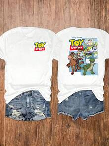 (Loose Version)Cute Disney Pixar Toy Story Graphic Print Regular Sleeve Tee For Women Short-Sleeved Round Neck Casual Shirt Necessary In Summer, Suitable For Summer And Spring, Holiday Gift Party Clothing, Ladies' Clothing. - 白色 - 查看 1