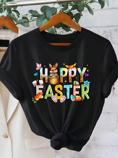 [Walk With Direction] HAPPY EASTER Alphabet-Hase & Ei-Karotte Kontrastfarbiger Druck Retro-Chic Kurzarm-Oberteil Für Damen Frühlingsfest & Ostern Elegante Damenbekleidung Sportlich- Vielseitiges Design