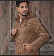 Men's Twill Jacket, Fully Lined With Faux Fur, With A Removable Hood. - Rust Brown - View 8