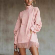 New High-Neck Suede Vintage Loose-Fitting Long-Sleeve Dress With Pockets And Tassels - hồng - Xem 1