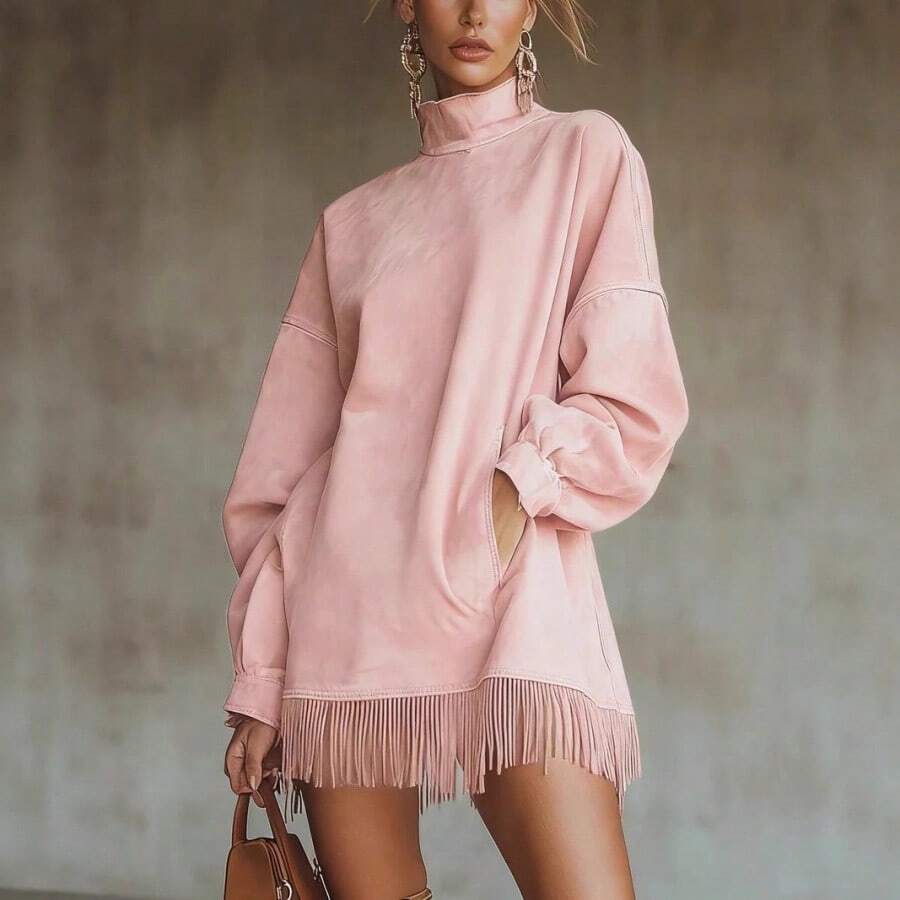 New High-Neck Suede Vintage Loose-Fitting Long-Sleeve Dress With Pockets And Tassels - hồng - Xem 1