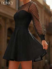 DONICY Women's Black Polka Dot Mesh Puff Sleeve A-Line Dress, Short Skirt, Elegant Style Suitable For Spring And Summer - Black - View 10