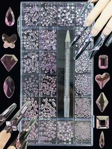 KIRAME 21-Slot DIY Manicure K9 Glass Light Purple Flat Rhinestone Set - 30PCS High Gloss Rhinestones Of Each Type With 1 Rhinestone Drill Pen, Manicure Gems, Manicure Salon, Home Manicure, Manicure Supplies, Christmas, New Year, Valentine's Day Manicure, Holiday Gift, Suitable For Handicrafts, Clothing, Fabrics, Shoes, Glass Products, Jewelry Making - Multi-Size Sparkling Decorations Nails - Màu tím hoa cà - Xem 3
