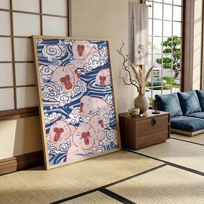 1幅日本雪猴墙画，可爱猕猴温泉帆布印刷画|简约现代浮世绘风格动物日式装饰画，适用于卧室、休闲水疗室、客厅或办公室家居装饰，异想天开的动物海报，现代东方风格印刷品，送给她的礼物，可选择无框或有框