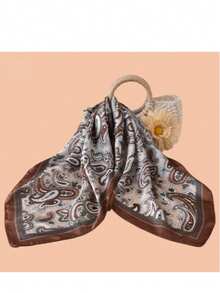 1pc 70*70cm Women's Bohemian Style Square Silk Scarf, Women's Satin Printed Headscarf, Neckerchief, Headband, Fashion Women's Shawl, Scarf - Coffee Brown - View 4