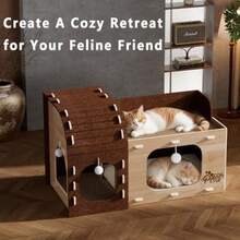 Large Cat Beds For Indoor Cats Two-Story Cat Cave Cube For Multiple And Large Kitties Foldable Cat Houses Hideaway Condo With Fluffy Ball Scratch Pad Removable Washable Cushioned Pillow - Màu nâu - Xem 7
