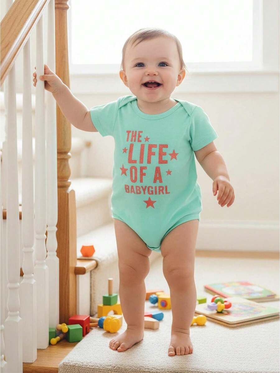 Baby Girl Summer Crew Neck Romper Short Sleeve Glitter Letter Print Sweet Jumpsuit - Celeste - Ver 1