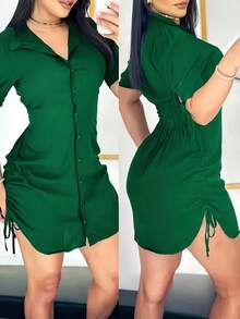 Camisa de manga corta elegante con botones y cintura elástica - Adecuada para ocasiones casuales y formales, ropa casual |   Estilo refinado |   Blusa de manga corta de verano - Verde - Ver 3