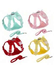 狗狗胸背带套装，防逃脱背心式胸背带，采用柔软网眼面料，配有可调节肩带和反光条，适合幼犬和幼猫。 - 彩色 - 查看 1