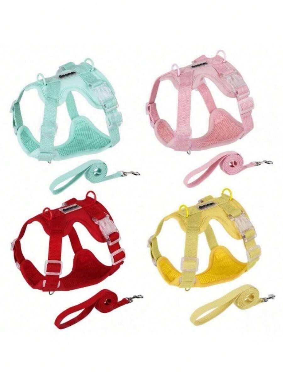 狗狗胸背带套装，防逃脱背心式胸背带，采用柔软网眼面料，配有可调节肩带和反光条，适合幼犬和幼猫。 - 彩色 - 查看 1
