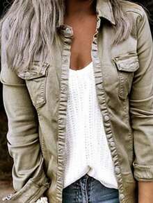 Women's Loose Stretch Fashion Denim Shirt, Ruffled Front, Casual Daily Streetwear Top Spring - Grey - View 5