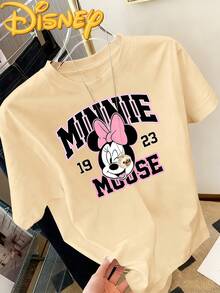 Disney Minnie Mouse's Retro Style Printing 2026 Summer Casual Best-Selling Style Round Neck Ladies' Summer T-Shirt, With A Versatile Design, Must-Have High-Quality Fabric Ladies' Short-Sleeved T-Shirt In Summer. - 杏色 - 查看 2