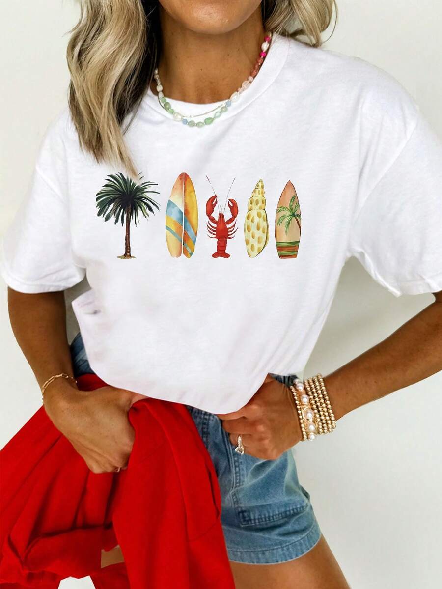 Top estivo MOOSGOP - Stile boho per spiaggia e vacanza / Casual / Versatile / Comodo / Abbigliamento da relax - Stampa di palme, tavole da surf, aragoste e conchiglie / Design con filigrana - T-shirt a maniche corte con scollo tondo e spalle cadenti, vestibilità morbida - Abbigliamento da spiaggia da donna