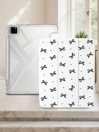1pc Transparent Acrylic White Polka Dot Bow Painted Flat Protective Case With 3-Fold Stand, Built-In Pen Slot, High Transparency Acrylic Back Cover, Anti-Drop, Sleep/Wake Function, Suitable For Mini6/Mini7/Air/Air2/9.7/10.2/10.5/Air4/Air5/10.9/Pro11-In.(M2)-2024/ Pro 11-In.(M4)-2024/ Air 11-Inch (M3) 2025/ (A16) 11 Inch 11th Generation 2025, Product Does Not Include Pen, Some Models Come With Lens Frame