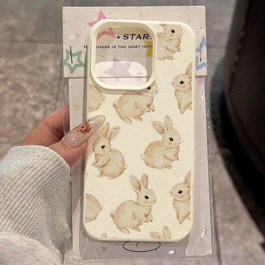 Bunnies 1pc TPU Material Watercolor Cute Rabbit Full Print Phone Case Compatible With Iphone 17 Pro Max/17/16 Pro Max/15/13/12/11, S20 FE/A15/S24/A55, Note 11/Note 12/Note 13 Pro, Shockproof Soft Protective Cover - White - View 1