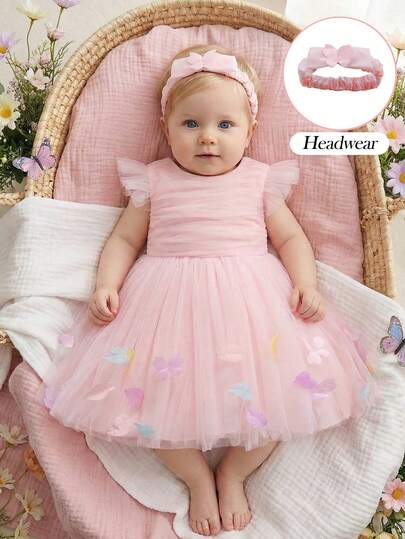 Baby Girls' Pink Party Dress, 0-2 Years Old Infant Birthday Party Tulle Skirt