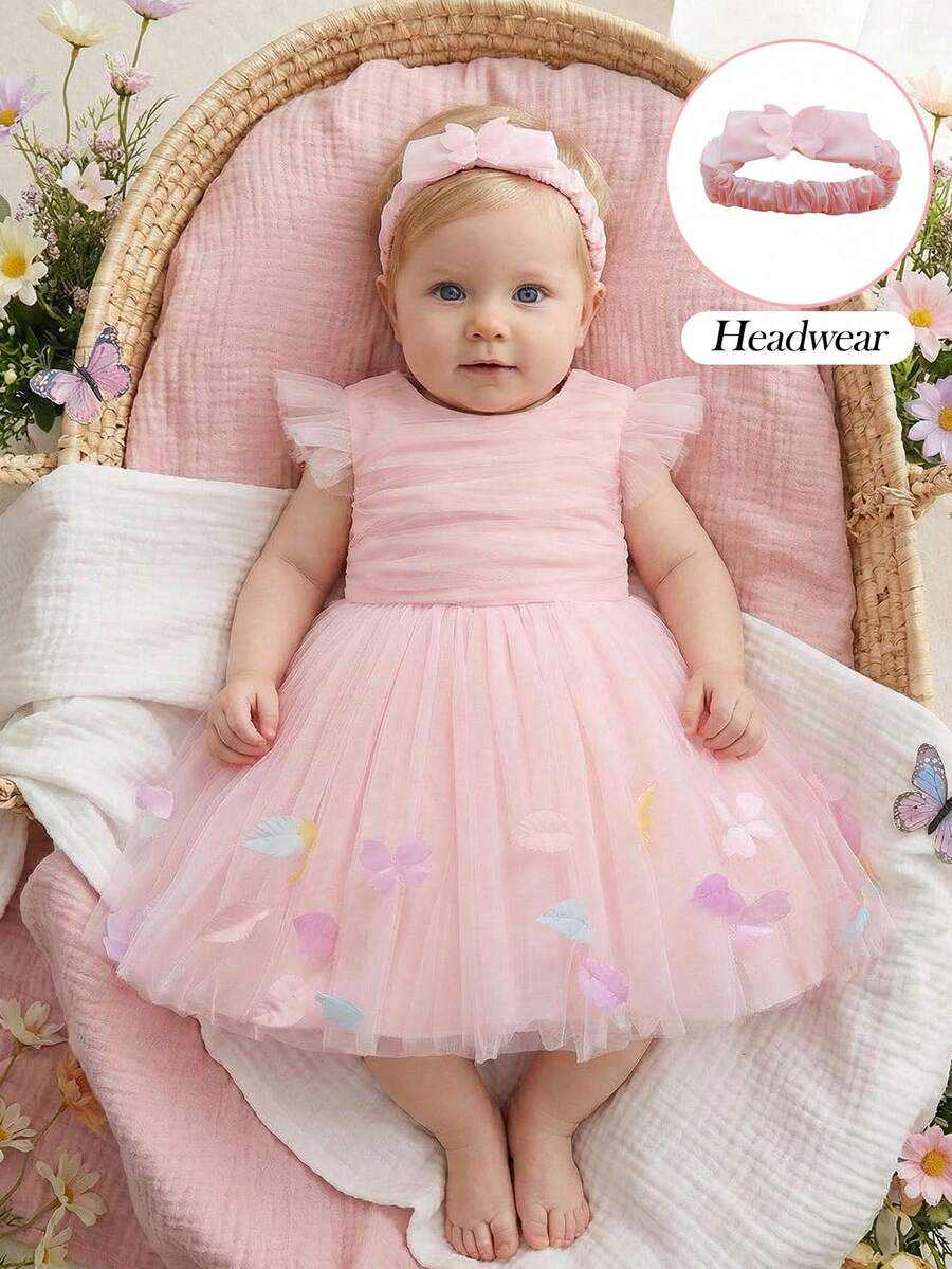 Baby Girls' Pink Party Dress, 0-2 Years Old Infant Birthday Party Tulle Skirt - Pink - View 1