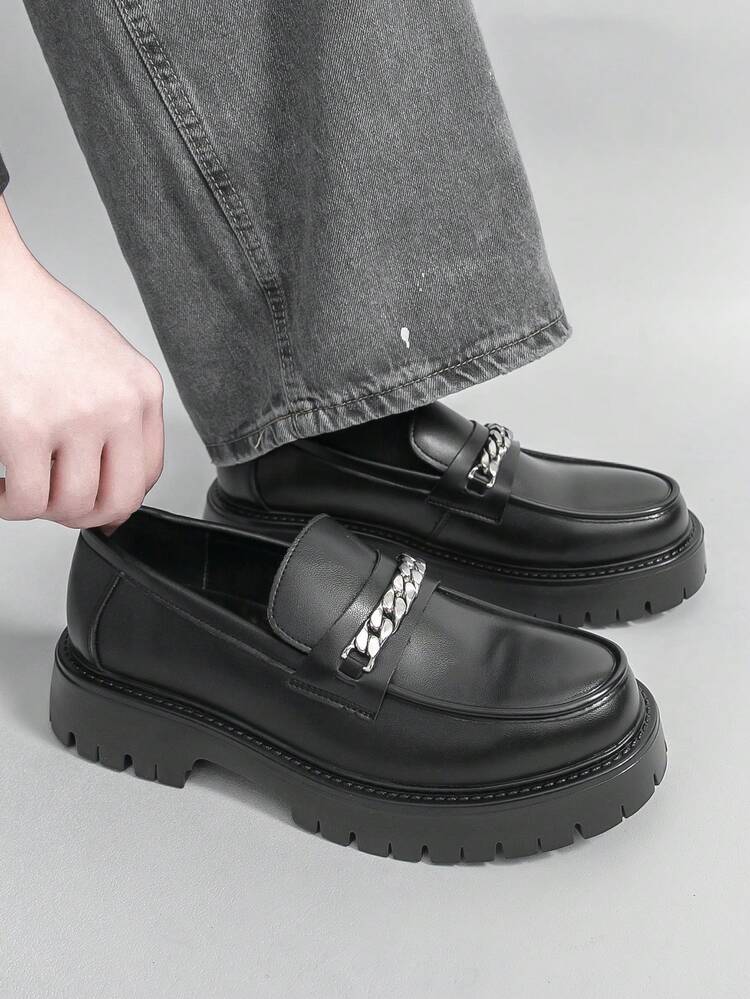 Men's Leather Shoes, Fashionable Youth Thick Sole Oxfords, Slip-On Loafers, British Style Casual Dress Shoes, Business Casual Daily Walking Shoes, Plus Size Men's Shoes - Black - View 14