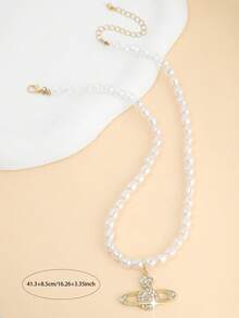 1pc Fashion Flower & Planet Faux Pearl Beaded Necklace With Planet Pendant, Suitable For Teenage Girls Daily Wear - Multicolor - View 2