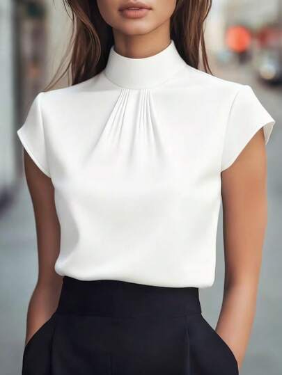Women's Elegant Mandarin Collar Short Sleeve Blouse - Crisp White Satin Texture, Versatile For Work, Party, Spring/Summer/Autumn, Classic Solid Color Satin Shirt With Delicate Pleated Design, Slimming And Stylish
