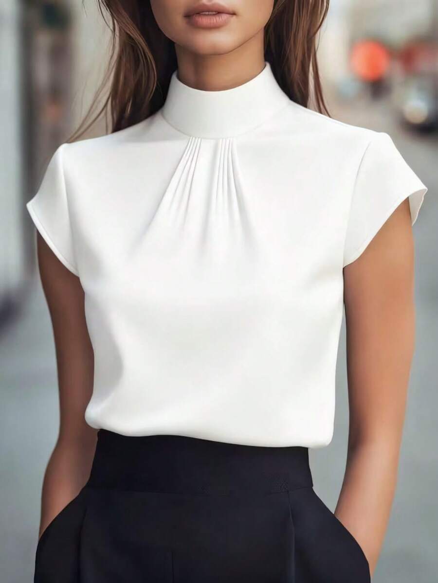 Women's Elegant Mandarin Collar Short Sleeve Blouse - Crisp White Satin Texture, Versatile For Work, Party, Spring/Summer/Autumn, Classic Solid Color Satin Shirt With Delicate Pleated Design, Slimming And Stylish - White - View 1