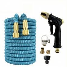 高压花园水管 25-150 英尺可伸缩柔性条纹管，适用于花园、农场灌溉、洗车等，PVC材质，卷轴式 - A - 查看 1