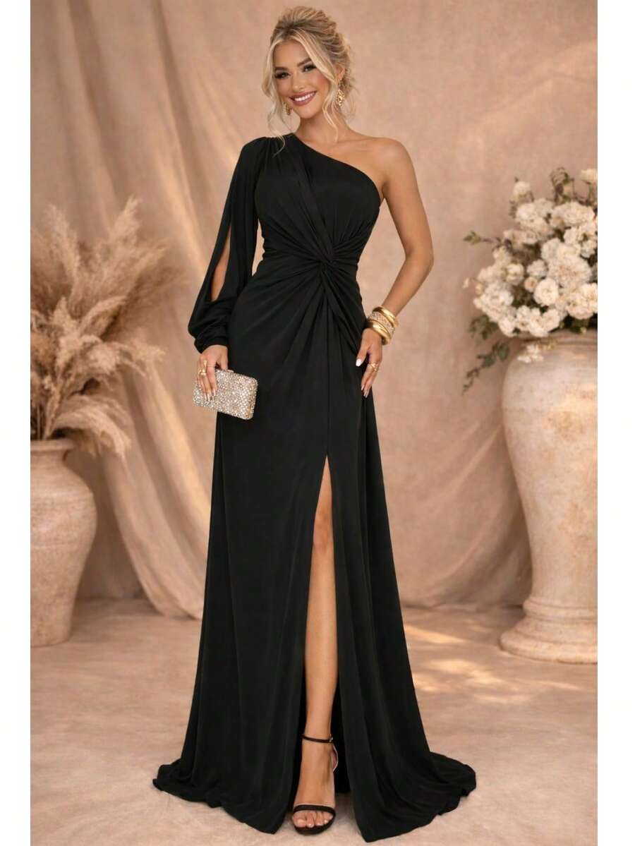 Inexpensive One-Sleeved Dress For Bridesmaids, Graduations, And Event Guests, Made Of Cool, Fluid Knit Fabric, Sizes M And G. - 黑色 - 查看 1